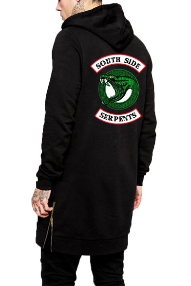 Fashion Snake Logo Back Zip Side Long Sleeve Hipster Black Hoodie for Guys