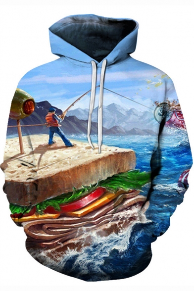 Funny 3D Cartoon Fishing On A Sandwich Long Sleeve Loose Sport Pullover Blue Hoodie