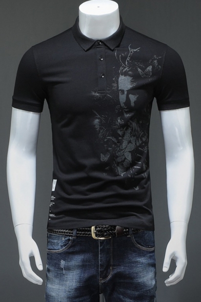 Men's Fashion Abstract Figure Print Basic Short Sleeve Cotton Fitted Black Business Polo