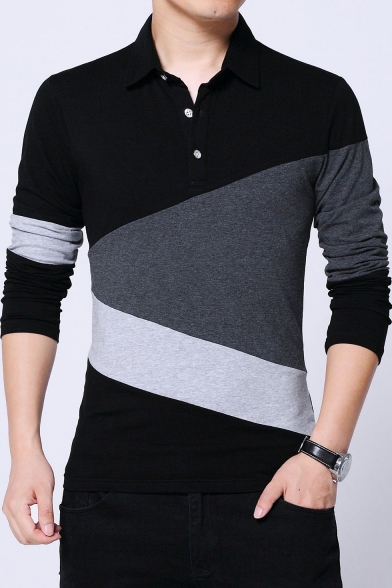 Men's High Quality Cotton Three-Button Long Sleeve Colorblock Fitted Polo Shirt