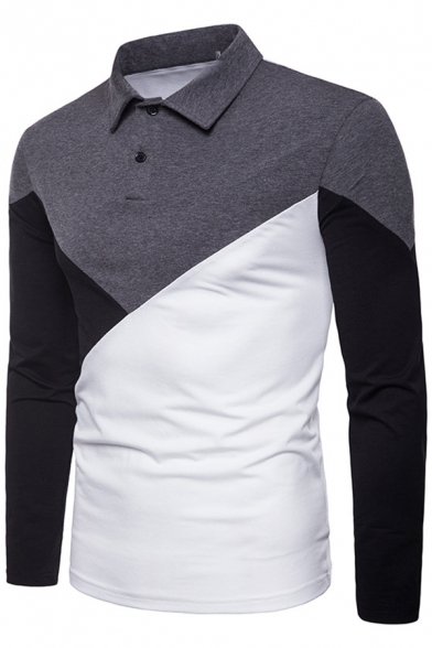 Men's New Fashion Colorblock Slim Fitted Long Sleeve Polo Shirt