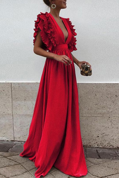 New Trendy Fashion Ruffled Hem Sexy Plunge V-Neck Solid Color Floor Length A-Line Evening Dress