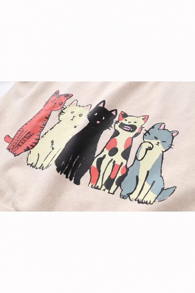 Patched Lapel Collar Lovely Cartoon Cat Printed Long Sleeve Pullover Sweatshirt