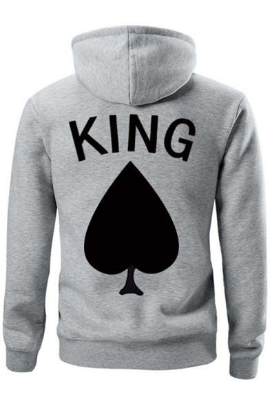Popular Heart King Queen Graphic Printed Casual Loose Grey Hoodie for Couple