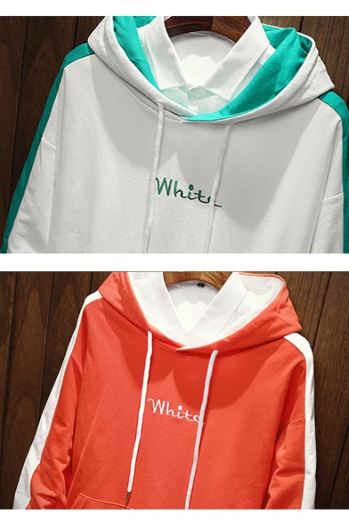 Simple Letter WHITE Colorblocked Stripe Long Sleeve Classic-Fit Drawstring Hoodie