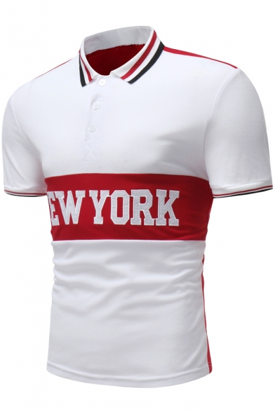 Summer Fashion Letter NEW YORK Print Contrast Tipped Guys Slim Fit Polo Shirt