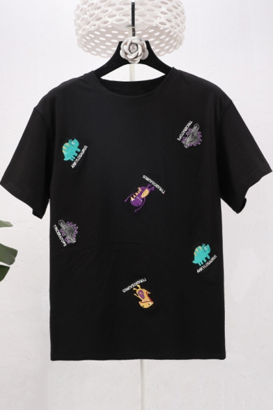 Summer New Fashion Cartoon Animal Letter Embroidered Short Sleeve Black T-Shirt