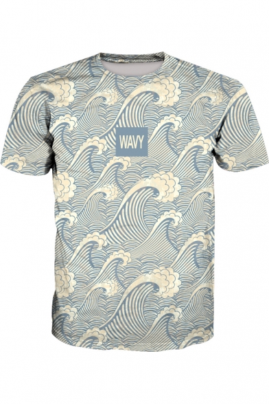 Summer Retro Simple Letter WAVY Wave Printed Short Sleeve Basic T-Shirt