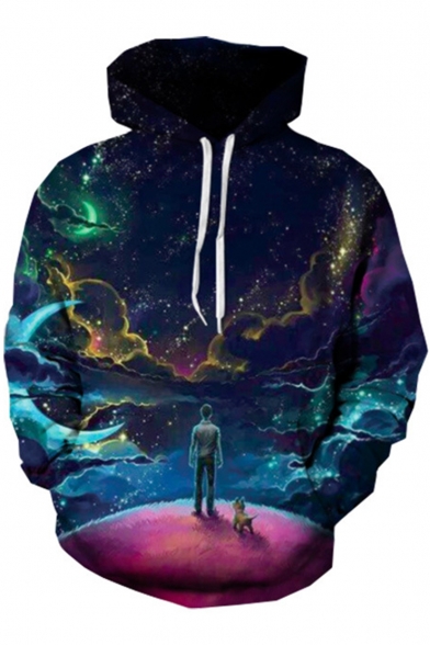 Unique 3D Blue Galaxy Cartoon Boy with A Dog Printed Casual Sport Pullover Hoodie