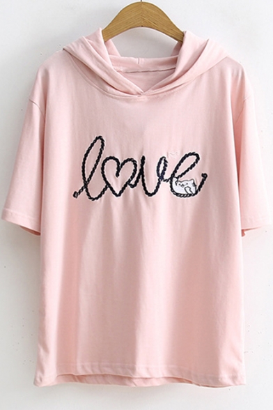 Unique Heart Cat Letter LOVE Embroidered Short Sleeve Relaxed Hooded T-Shirt