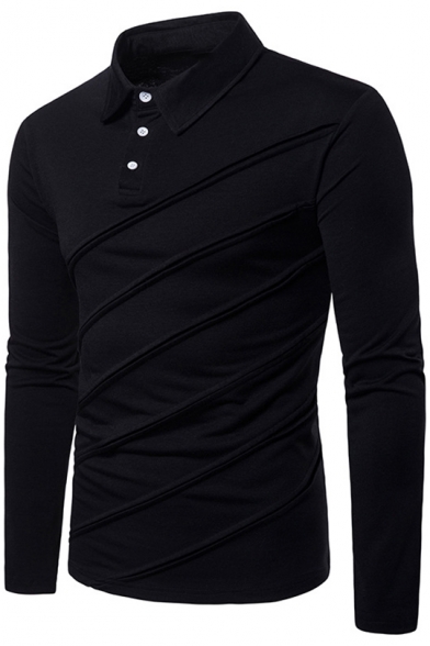 Unique Patchwork Long Sleeve Three-Button Solid Color Slim Fitted Polo Shirt for Men