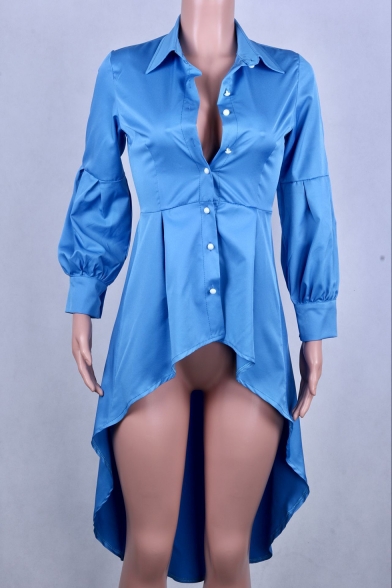 Women's Basic Simple Plain Dipped Hem Swallowtail Button Down Sky Blue Shirt