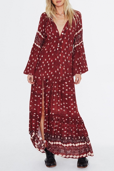 Women's Fashion Ethnic Floral Printed V-Neck Long Sleeve Sexy Split Front Burgundy Maxi Beach Dress