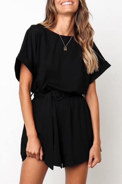 Basic Plain Round Neck Short Sleeve Tied Waist Casual Loose Rompers