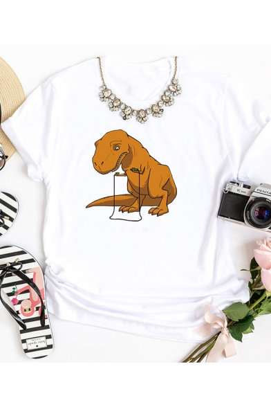 Cartoon Dinosaur Printed Short Sleeve Round Neck Cotton T-Shirt
