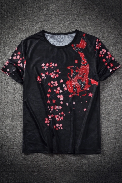 Chinese Style Floral Carp Print Summer Casual Short Sleeve Black T-Shirt