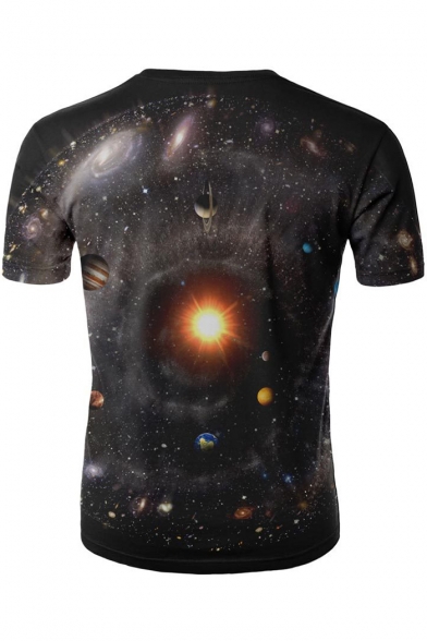 Cool 3D Galaxy Print Basic Round Neck Short Sleeve Black T-Shirt