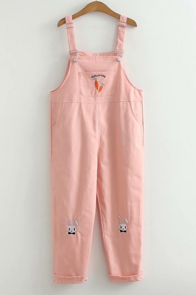 Cute Cartoon Rabbit Embroidered Casual Loose Overall Straight Pants