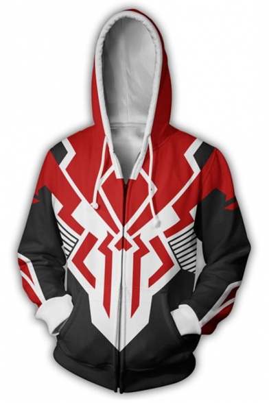 Fashion Black and Red Colorblocked Print Long Sleeve Full Zip Hoodie