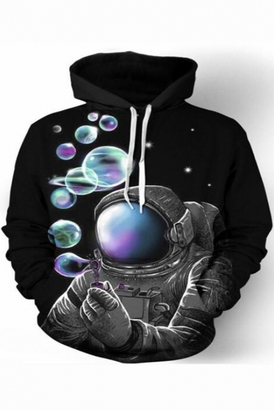 Funny 3D Bubble Astronaut Printed Long Sleeve Relaxed Fit Pullover Black Hoodie