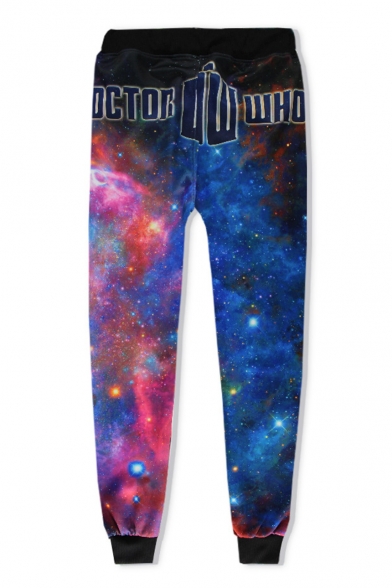 Letter DOCTOR WHO Blue Galaxy Print Drawstring Waist Loose Fit Track Pants