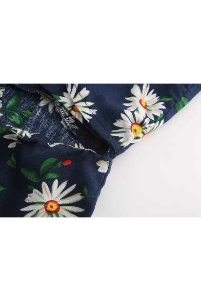 Sexy Cutout Waist Bow-Tied Front Summer Floral Print Navy Mini Slip Dress