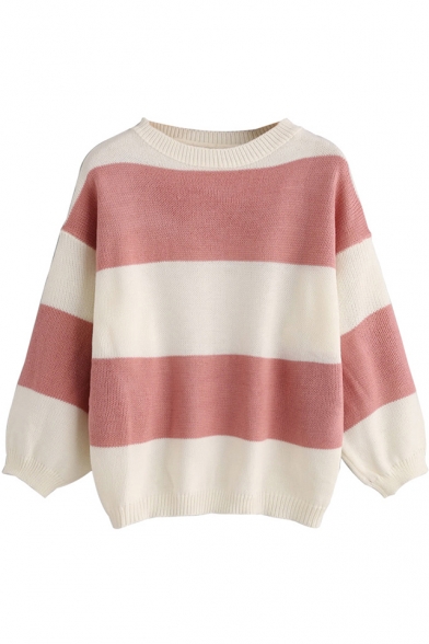 Simple Colorblocked Stripe Long Sleeve Round Neck Cozy Sweater for Women