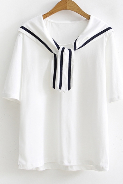 Striped Tied Sailor Collar Summer Relaxed Cotton T-Shirt