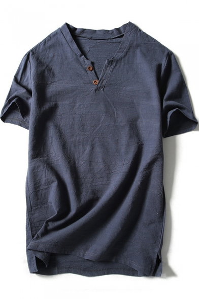 Summer Retro Linen V-Neck Short Sleeve Simple Plain Casual T-Shirt