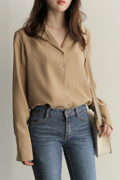 Vintage Notched Lapel Collar Long Sleeve Simple Plain Loose Fit Button Shirt