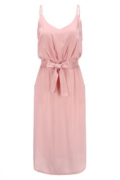 Women's Simple Plain Elastic Bow-Tied Waist Split Hem Pink Midi Cami Dress