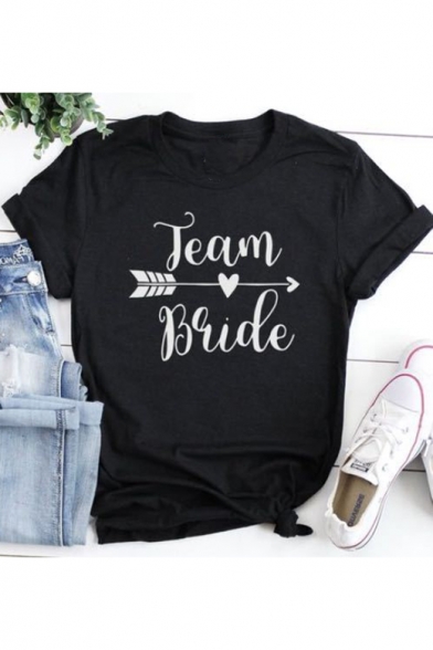 Black Heart Arrow Letter TEAM BRIDE Print Basic Short Sleeve T-Shirt