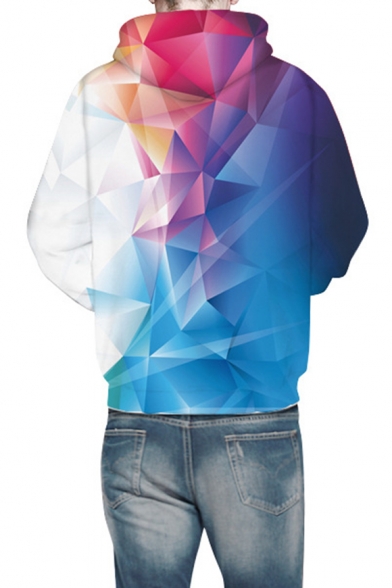 Chic 3D Blue Geometric Printed Long Sleeve Pullover Drawstring Hoodie with Pocket