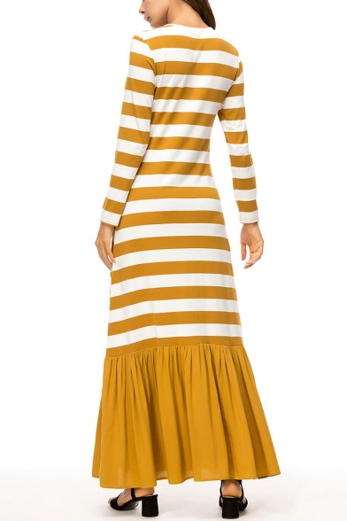 Classic Striped Printed Round Neck Long Sleeve Ruffle Hem Maxi A-Line Yellow Dress
