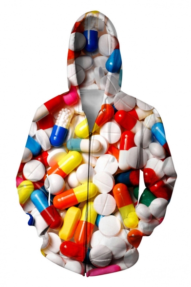 Cool 3D Colorful Pill Printed Long Sleeve Zip Up Hoodie