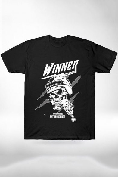 Cool Letter WINNER Skull Pattern Short Sleeve Cotton T-Shirt in Black
