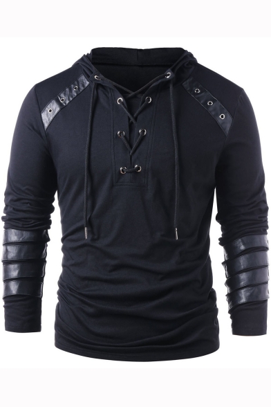 Cool Unique PU Patched Lace-Up Front Long Sleeve Mens Loose Fit Hoodie