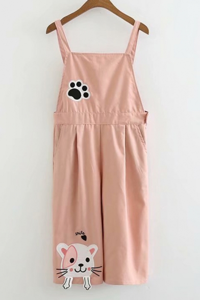 Cute Cartoon Cat Claw Embroidery Patched Casual Wide Legs Overall Jumpsuits