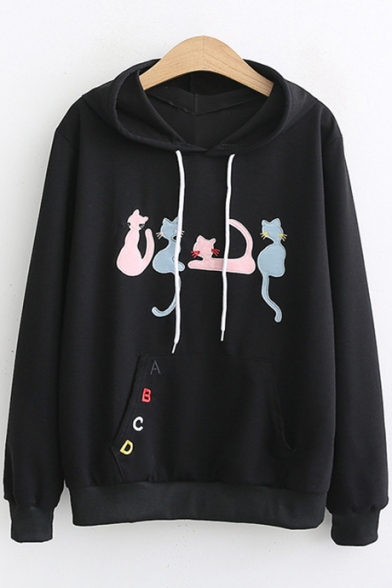 Cute Cartoon Cat Embroidered Long Sleeve Pullover Loose Drawstring Hoodie for Juniors