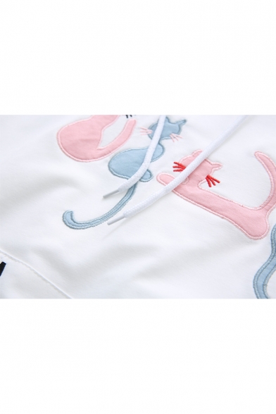 Cute Cartoon Cat Embroidered Long Sleeve Pullover Loose Drawstring Hoodie for Juniors