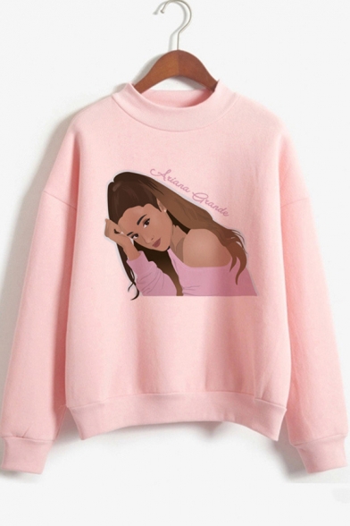 Girls Mock Neck Long Sleeve Fashion Cartoon Girl Print Pink Pullover Sweatshirt