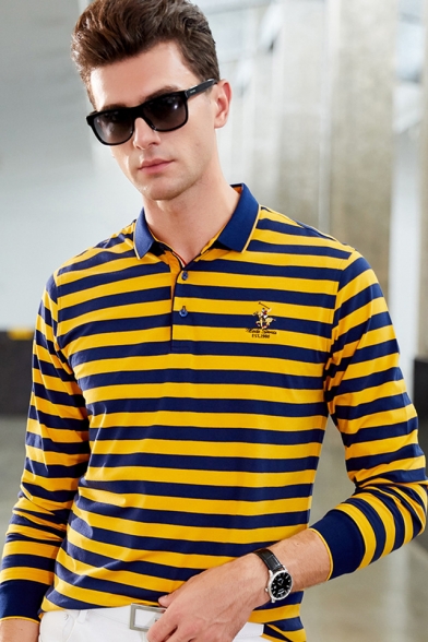 Men's Classic Striped Printed Logo Chest Long Sleeve Casual Cotton Business Polo Shirt
