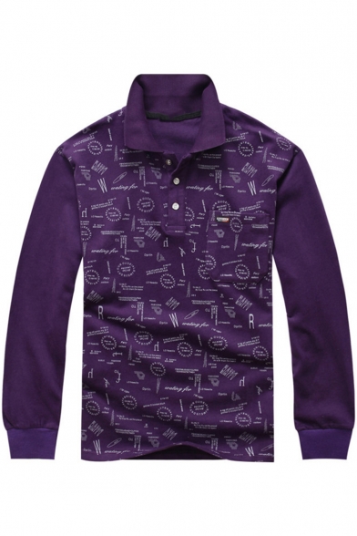 New Fashion Letter Graffiti Print Men's Cotton Long Sleeve Purple Polo Shirt