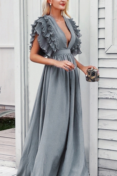 New Trendy Fashion Ruffled Hem Sexy Plunge V-Neck Solid Color Floor Length A-Line Evening Dress