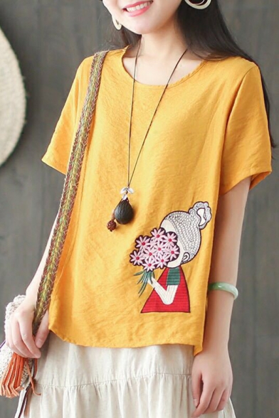 

Retro Cartoon Girl Embroidered Round Neck Short Sleeve Loose Fit T-Shirt, Green;red;white;yellow