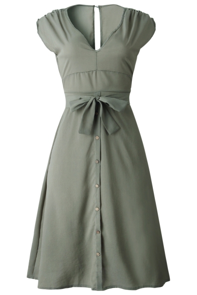Simple Plain V-Neck Bow-Tied Waist Button Front Midi A-Line Graceful Dress for Women