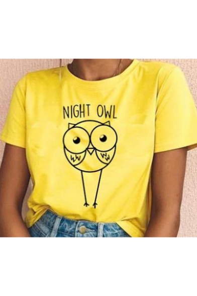 Street Fashion Night Owl Pattern Basic Short Sleeve Yellow T-Shirt