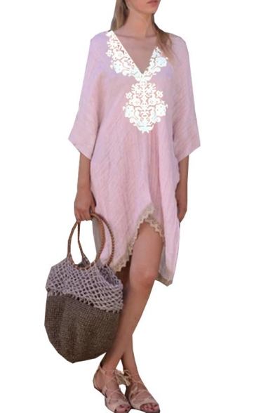Summer Chic Lace-Panelled V-Neck Three-Quarter Sleeve Casual Loose Shift Linen Mini Dress for Holiday