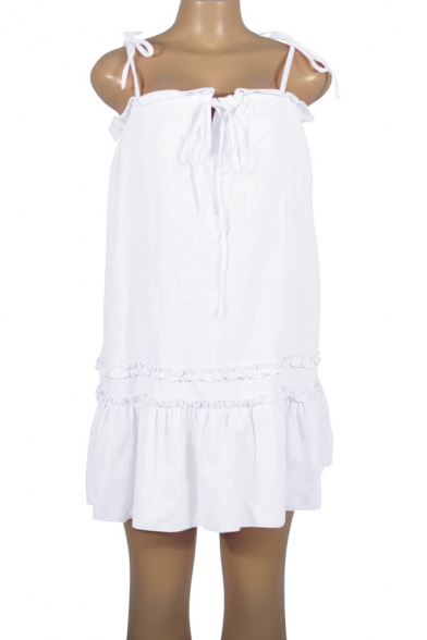 Trendy Drawstring Front Chic Ruffle Hem Simple Plain Mini Swing Cami Dress