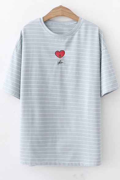 Cartoon Heart Embroidery Basic Round Neck Loose Leisure Striped T-Shirt
